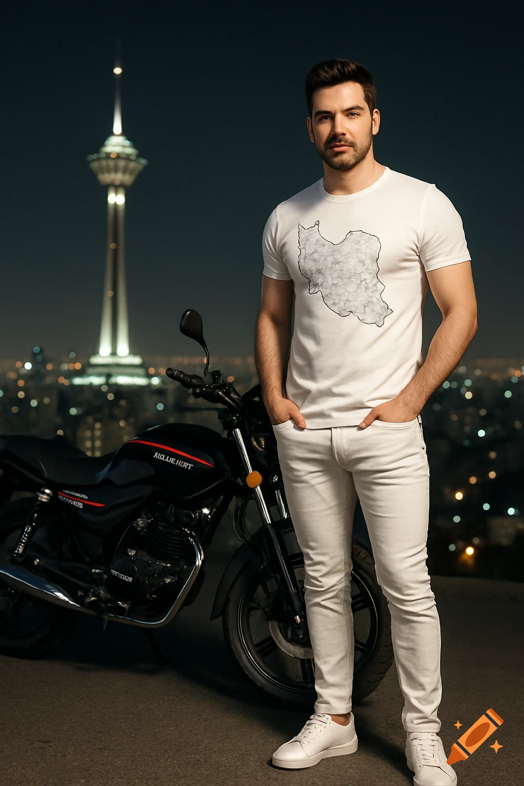 A man in a white t-shirt with a map of Iran and white jeans stands confidently next to a black motorcycle at night with Milad Tower and city lights in the background.