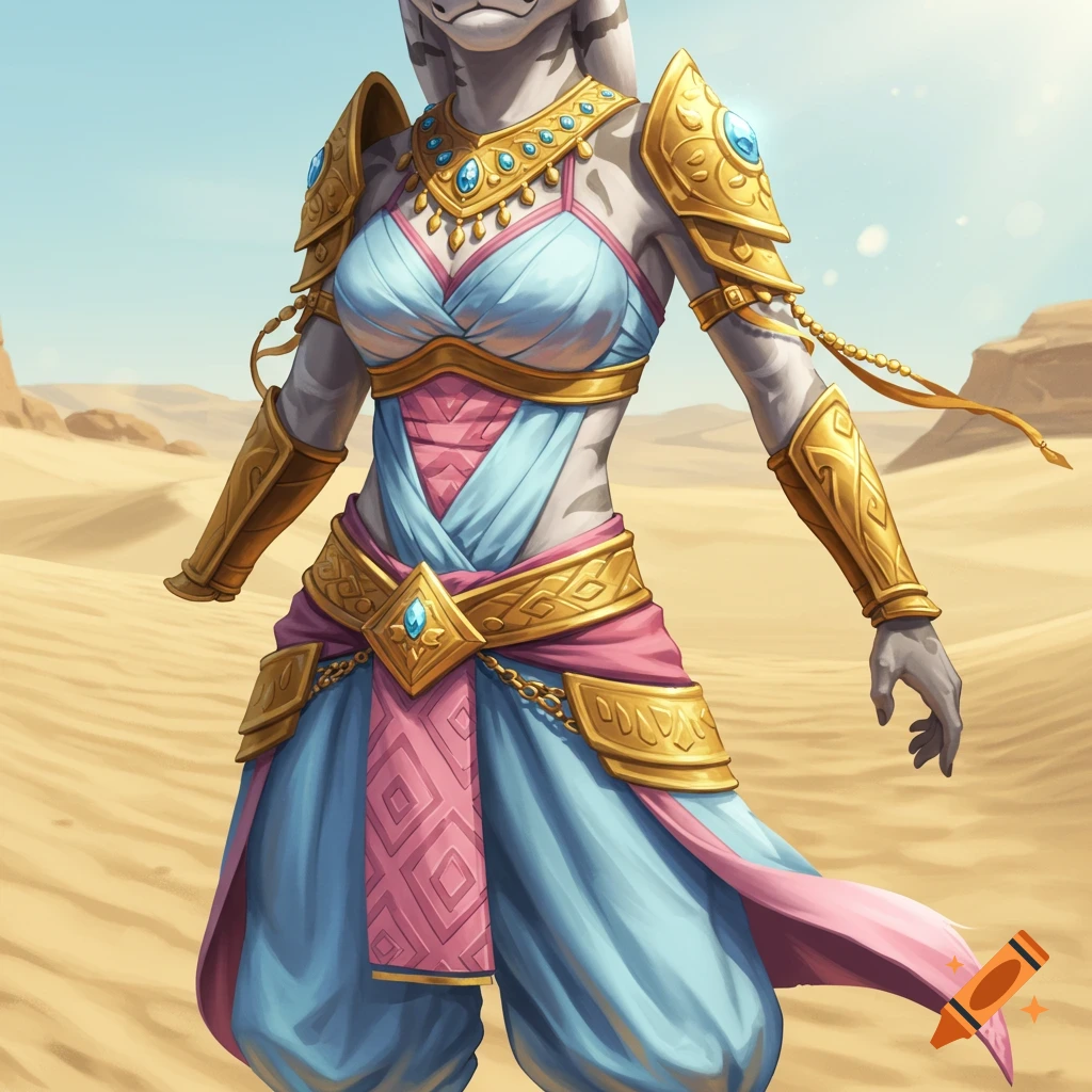 Illustrated fantasy art of a Tabaxi female in ornate light blue and pink desert armor with gold trim, standing in a sunny desert.