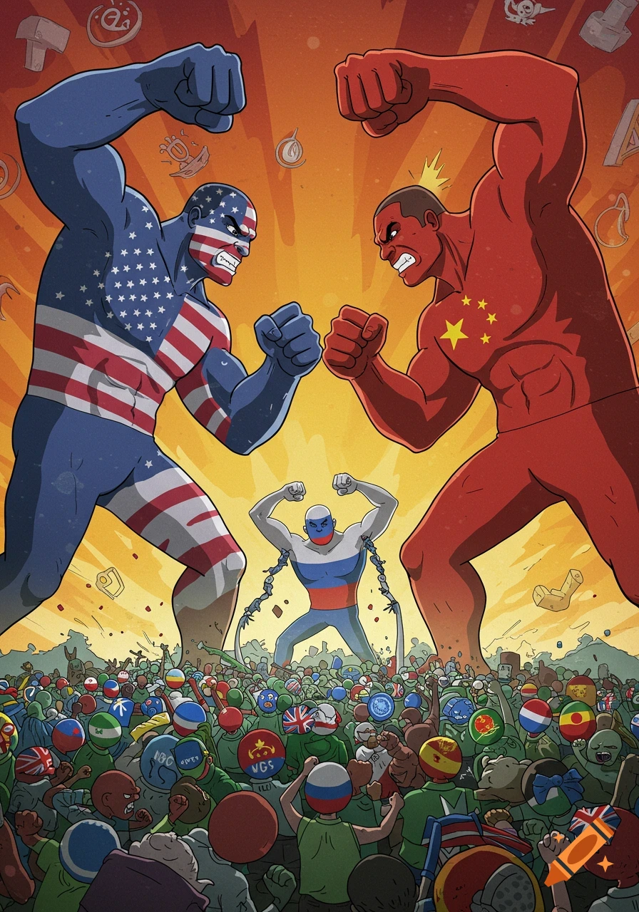 Cartoon illustration of giant anthropomorphic USA and China figures fighting, with a smaller Russia figure breaking chains between them, while many smaller country and organization figures fight at their feet.