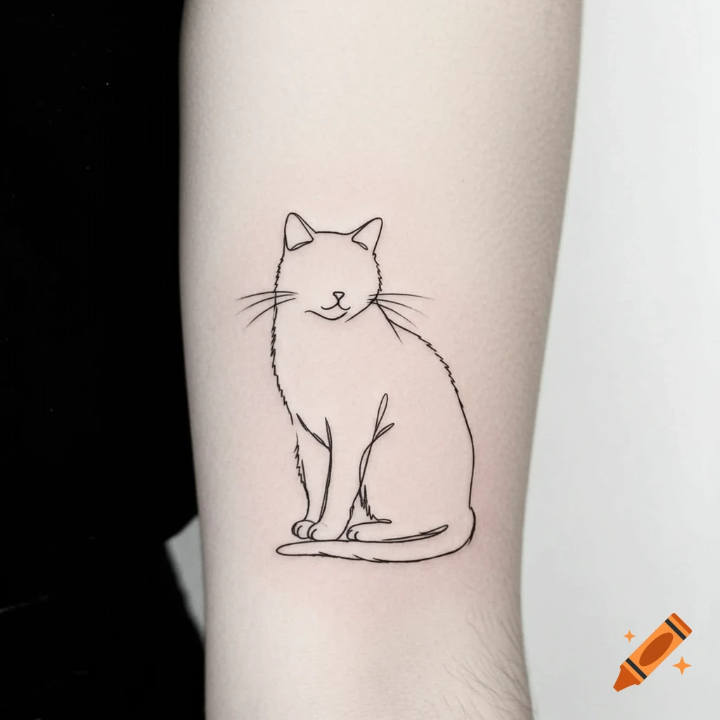 Minimalist line art tattoo of a sitting cat on an arm.
