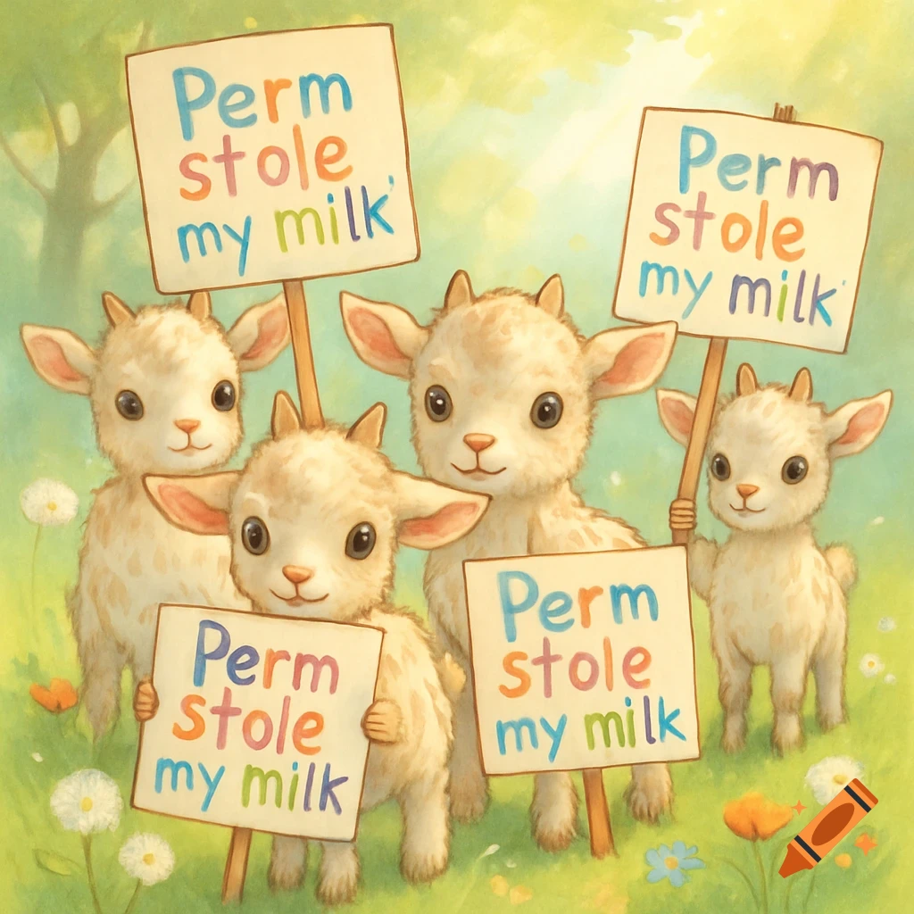 Four cute baby goats hold signs saying 'Perm stole my milk' in a whimsical illustration.