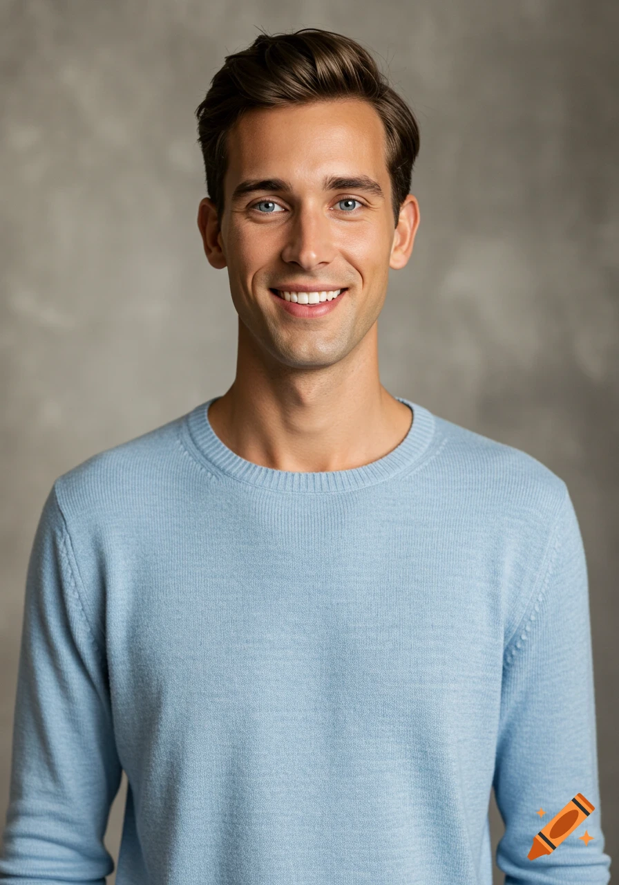 A smiling young man with brown hair and blue eyes wearing a light blue sweater.