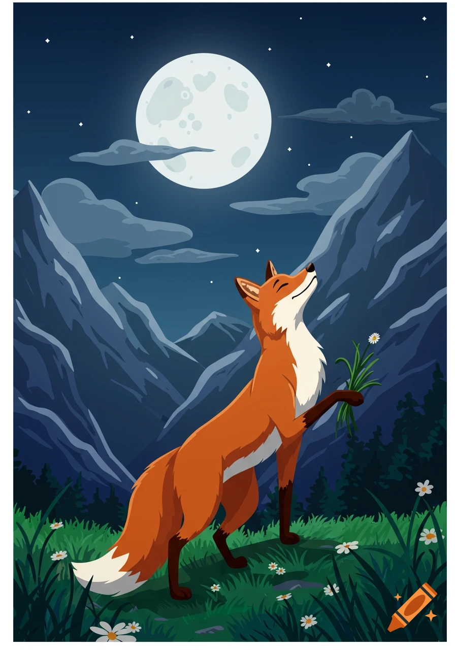 A happy cartoon fox standing in grassy mountains at night, looking up at a full moon, holding a patch of grass.