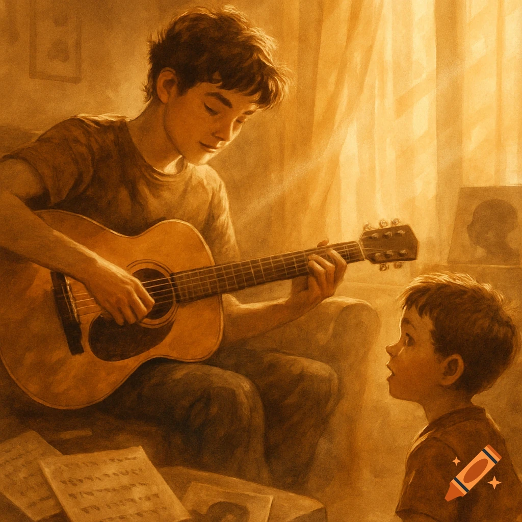 A boy playing an acoustic guitar for a younger boy, rendered in warm sepia tones, with sheet music on the floor.