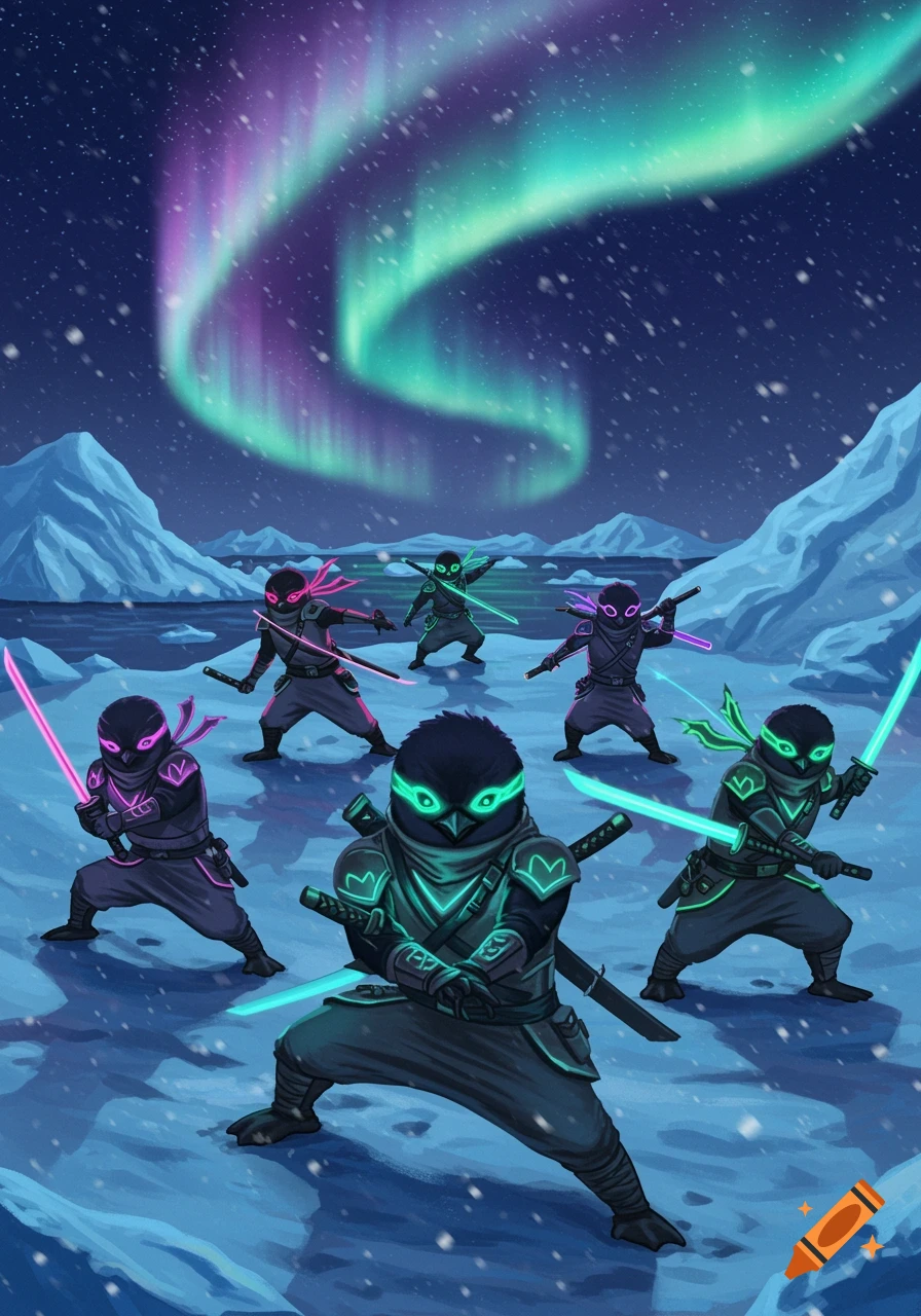 A group of ninja penguins with glowing weapons stand in a snowy arctic landscape under a vibrant aurora borealis.