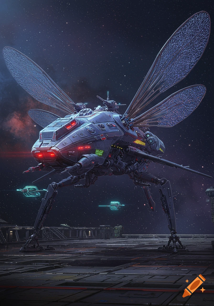 A detailed sci-fi image of an insect-like spaceship with large, veined wings and multiple legs, docked on a futuristic platform under a starry sky.