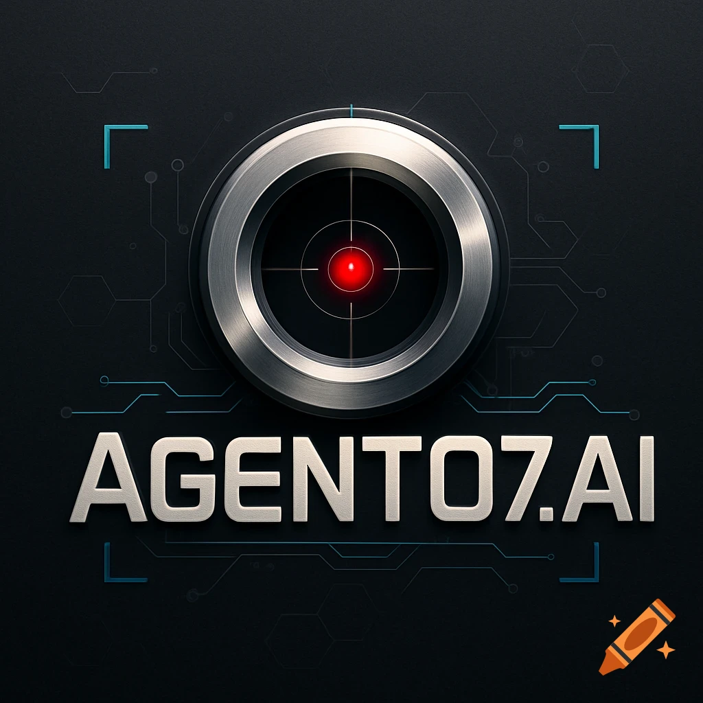 A sleek, spy-themed logo with a metallic gun barrel sight featuring a red laser dot, circuit patterns, and the text 'AGENT07.AI'.
