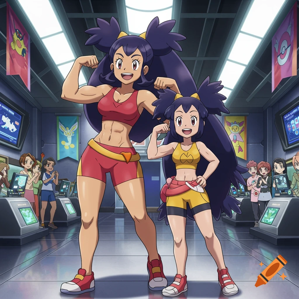 Iris and her muscular mother flex in a gym, in an anime style.