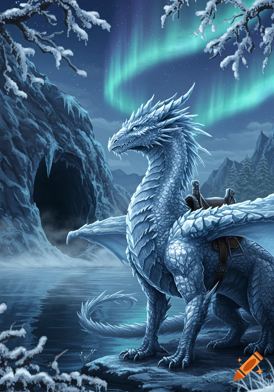 An ice blue fantasy dragon with a saddle stands by a snowy cave and water under an aurora borealis sky.