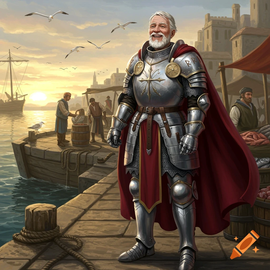 Old paladin in shining armor with a red cape, smiling on a busy wharf at sunset, with boats and seagulls.