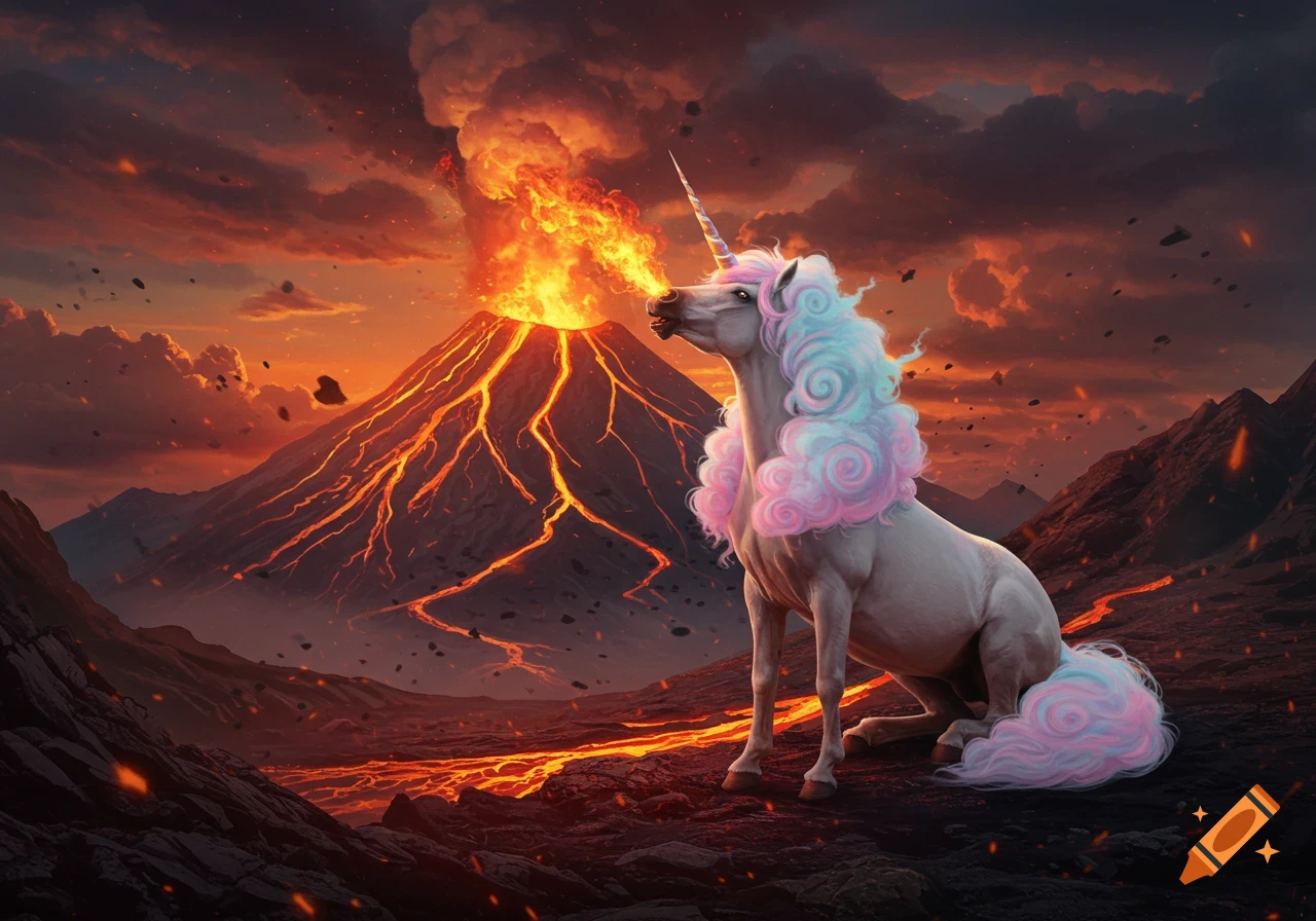 A majestic unicorn with pastel cotton candy hair breathes fire in front of an erupting volcano with lava flows.