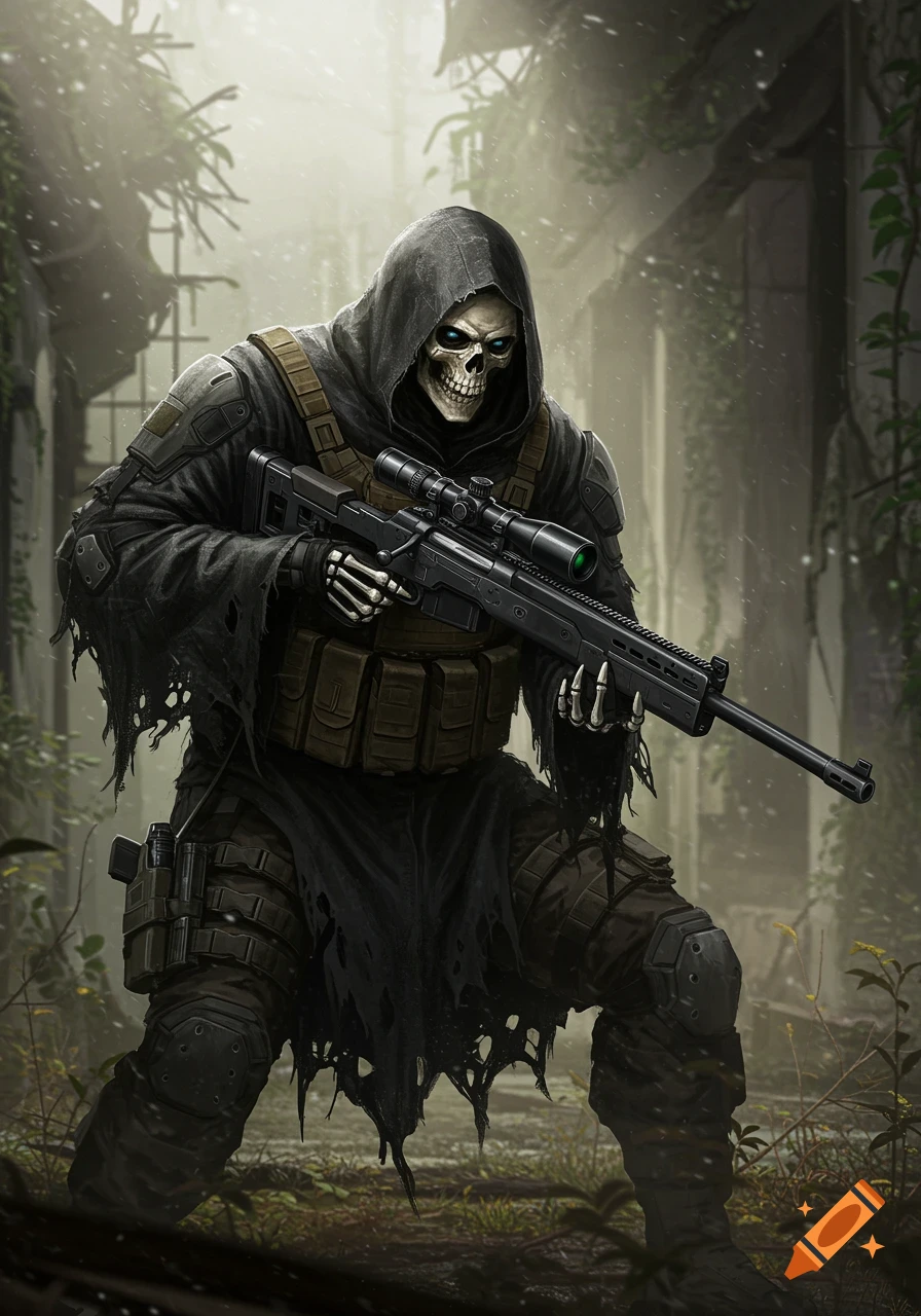A grim reaper figure in a hooded cloak and tactical military gear holds a bolt-action sniper rifle in a ruined, overgrown setting.