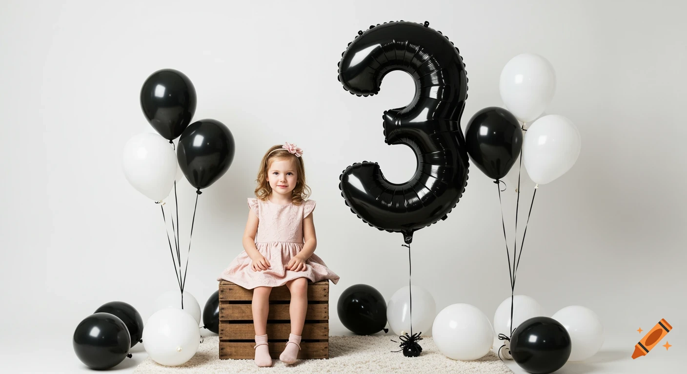 A young girl in a pink dress sitting on a wooden crate, surrounded by black and white balloons, and a large black number 3 balloon against a white background.