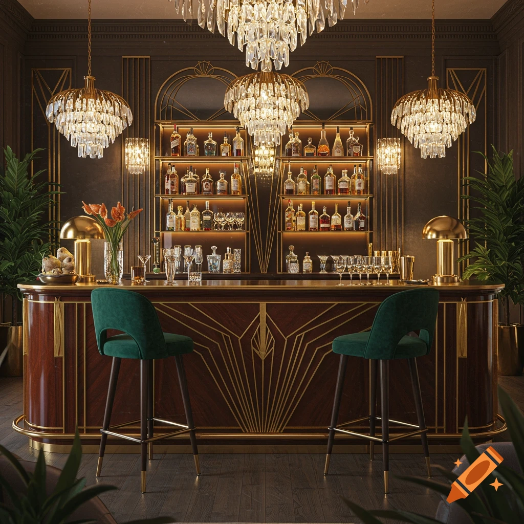 A luxurious Art Deco home bar with dark wood, gold accents, crystal chandeliers, shelves of bottles, and two green velvet stools.