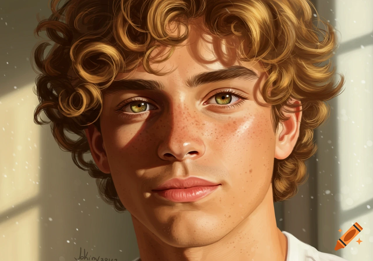 A close-up digital painting of a young man with curly golden-brown hair, hazel eyes, and freckles, bathed in sunlight.