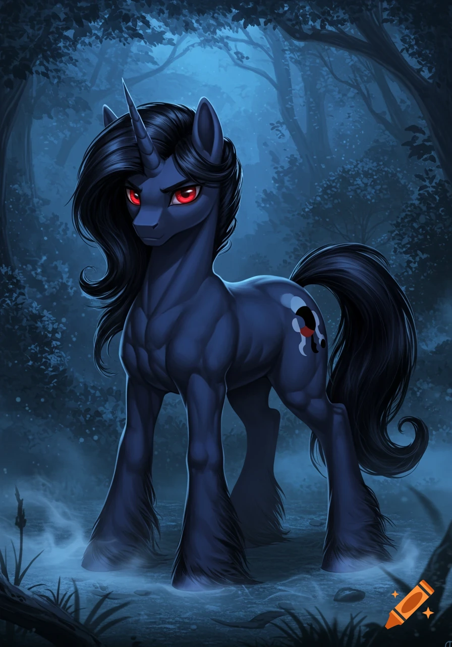A dark blue unicorn with red eyes and black mane stands in a misty, moonlit forest in a dark fantasy art style.