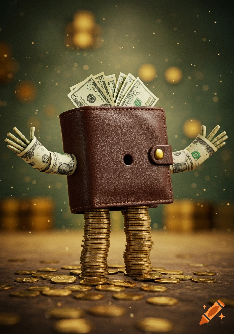 An anthropomorphic brown leather wallet with dollar bill arms and coin legs stands among scattered coins on a wooden surface.