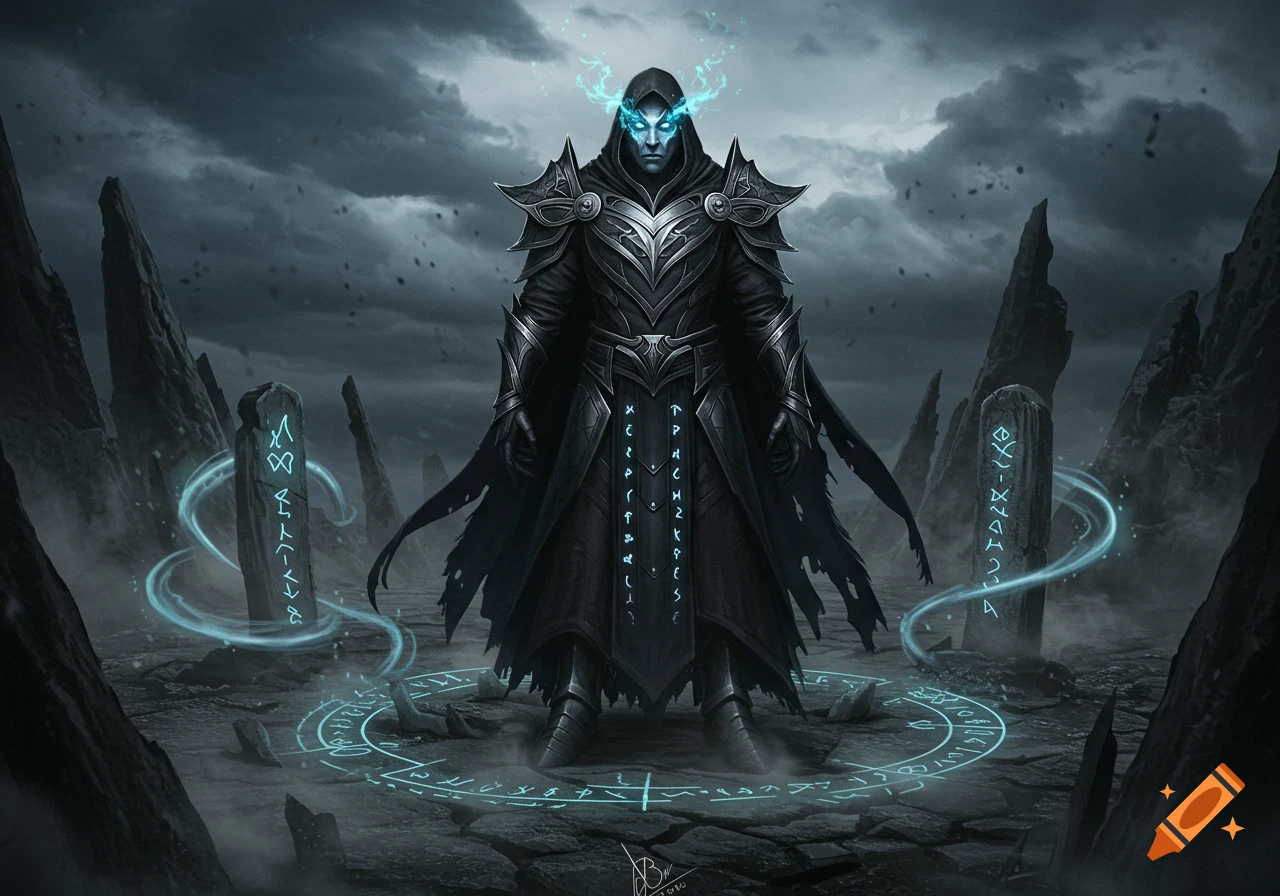 Dark fantasy art of a robed figure with glowing blue eyes and mystical energy, surrounded by ancient runes in a desolate landscape.