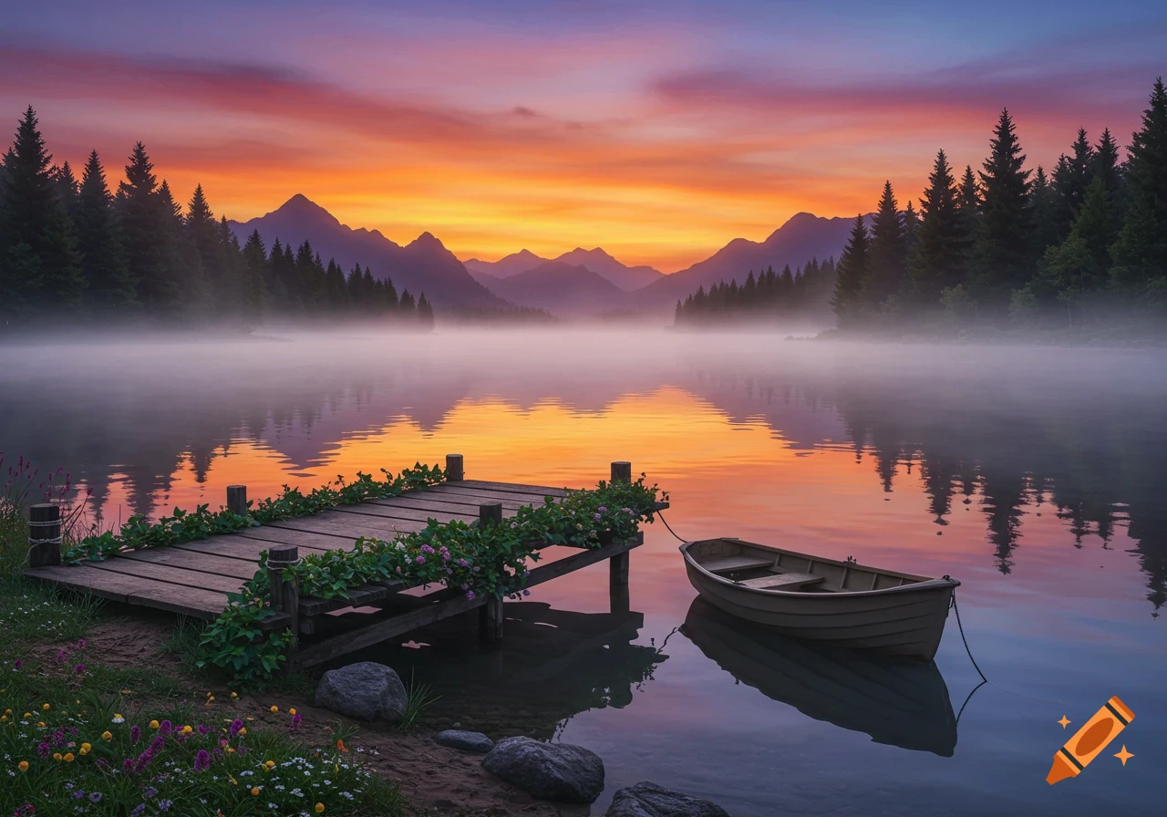 Photorealistic landscape of a misty lake at sunrise with a wooden pier, flowers, and a boat. Mountains and forest in background.