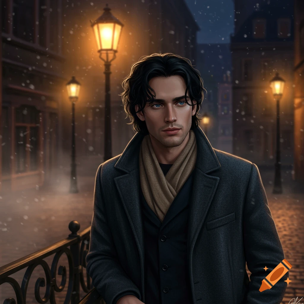 A digital painting of a man with dark hair and blue eyes in a dark coat and scarf, standing in a snowy, lamp-lit street at night.