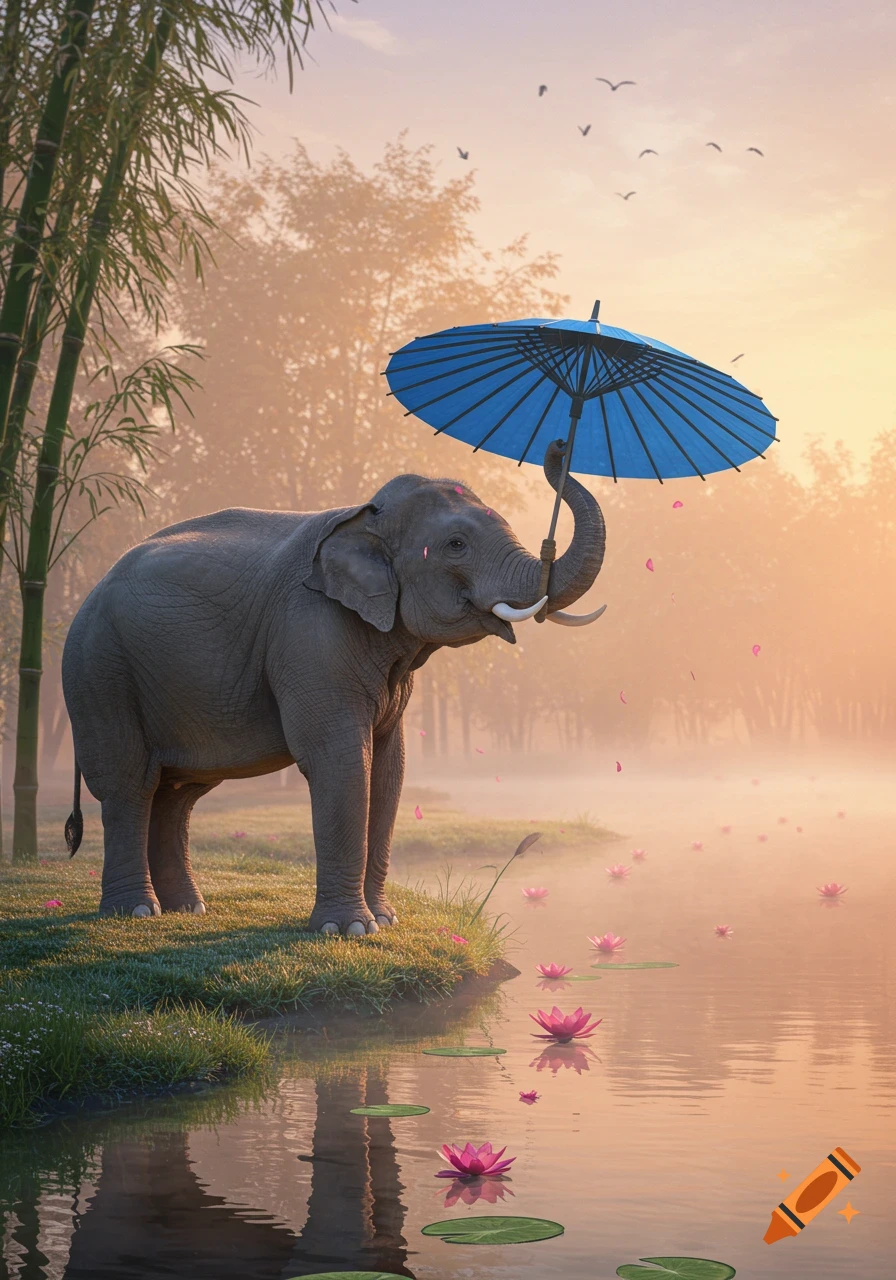 An elephant holding a blue umbrella stands by a misty lake with pink lotus flowers at sunset, surrounded by bamboo.