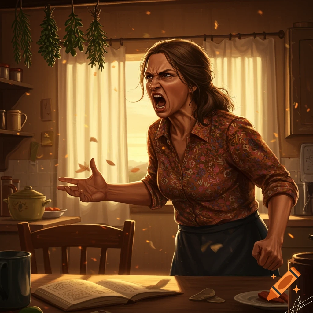 A woman with a fierce, angry expression screams in a sunlit kitchen, her hand outstretched.