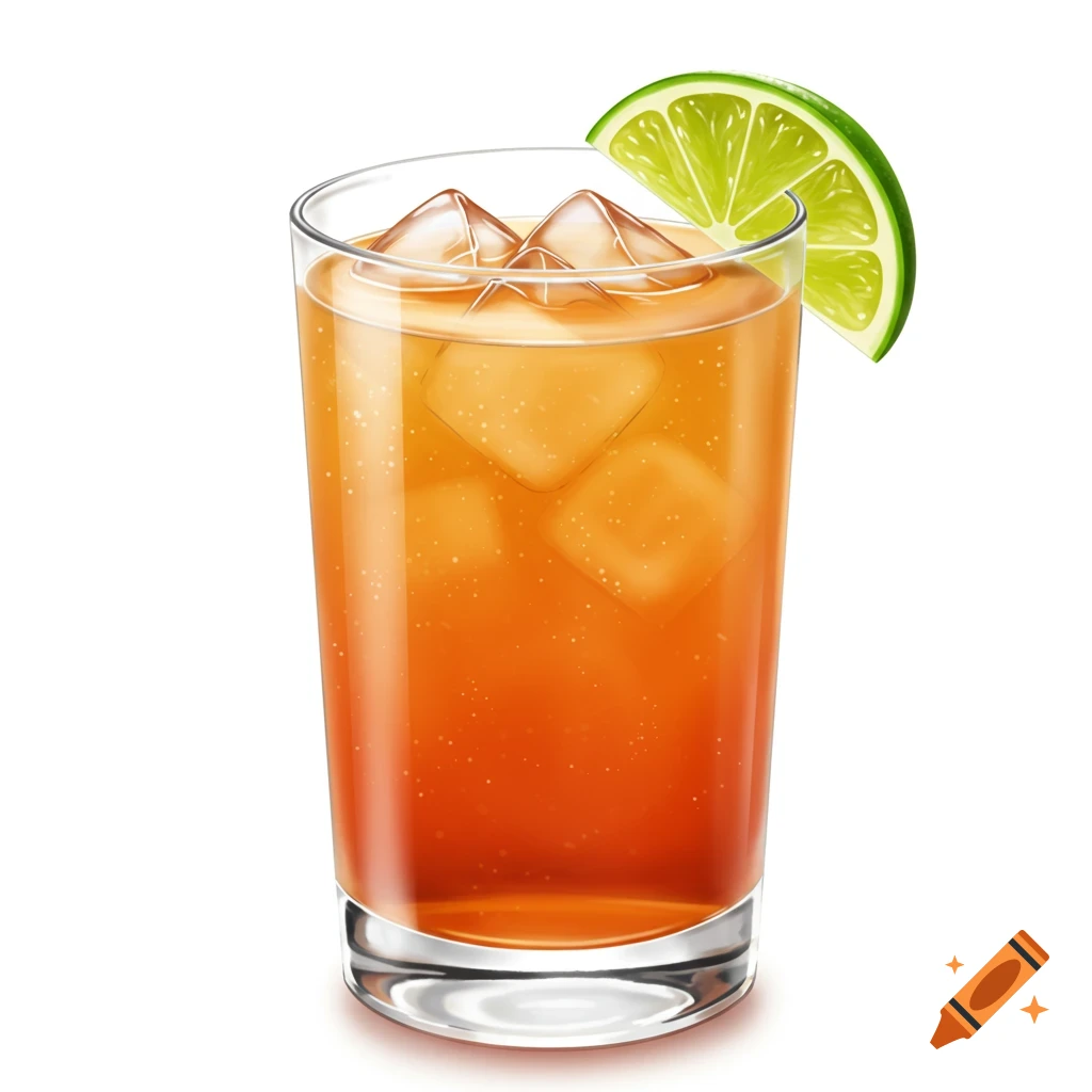A vibrant orange mai tai cocktail in a glass with ice cubes and a green lime wedge, digitally drawn on a white background.