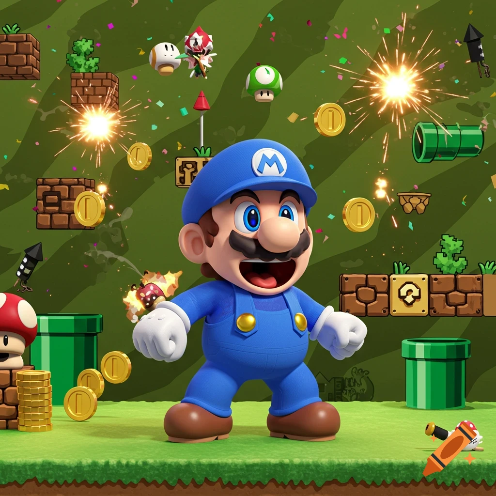 A blue-suited character with an 'M' on his hat, similar to Mario, stands in a vibrant 3D video game world with bricks, pipes, coins, and explosions.