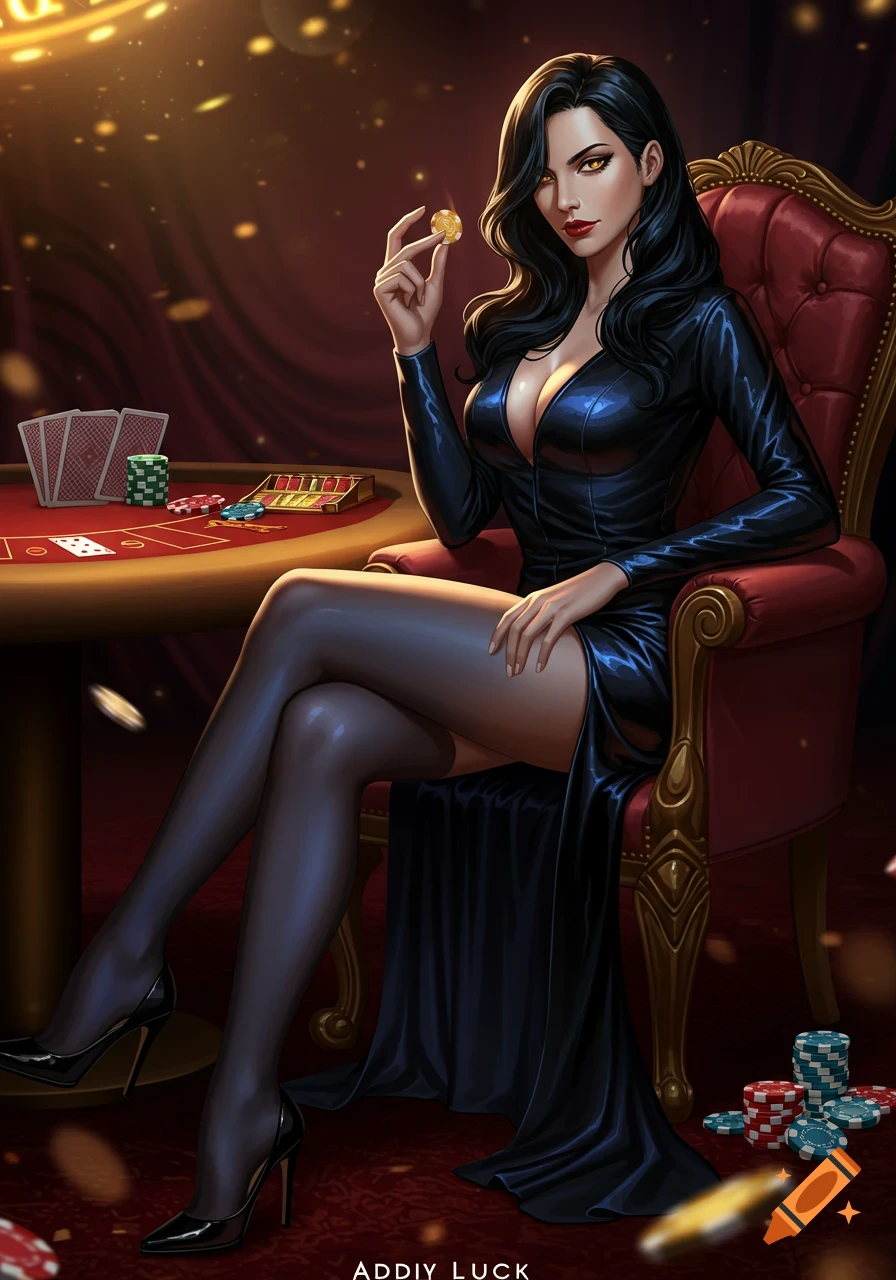 A glamorous woman with dark hair and a black dress sits at a poker table, holding a gold chip, in a digital art style.