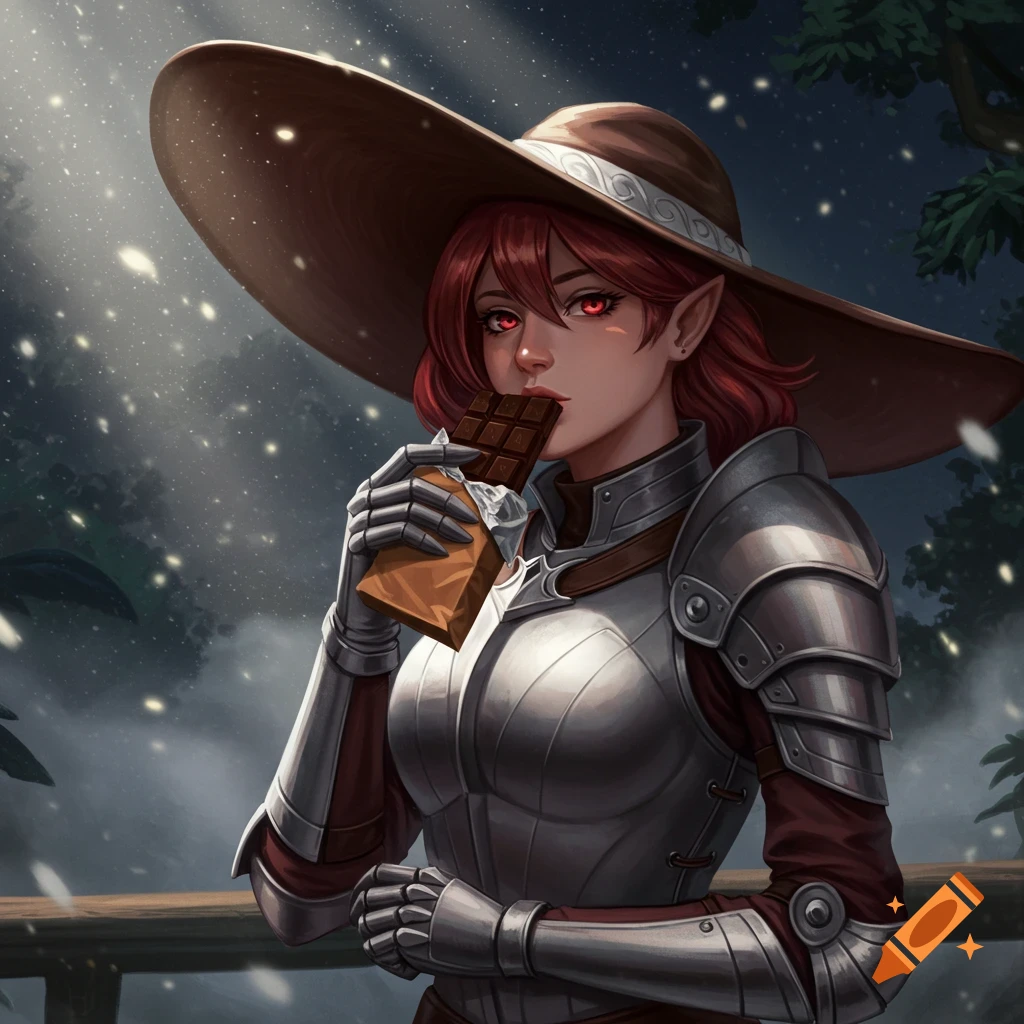An armored fantasy woman with red hair and glowing red eyes wears a wide hat and eats a chocolate bar in a dark, misty forest, anime style.