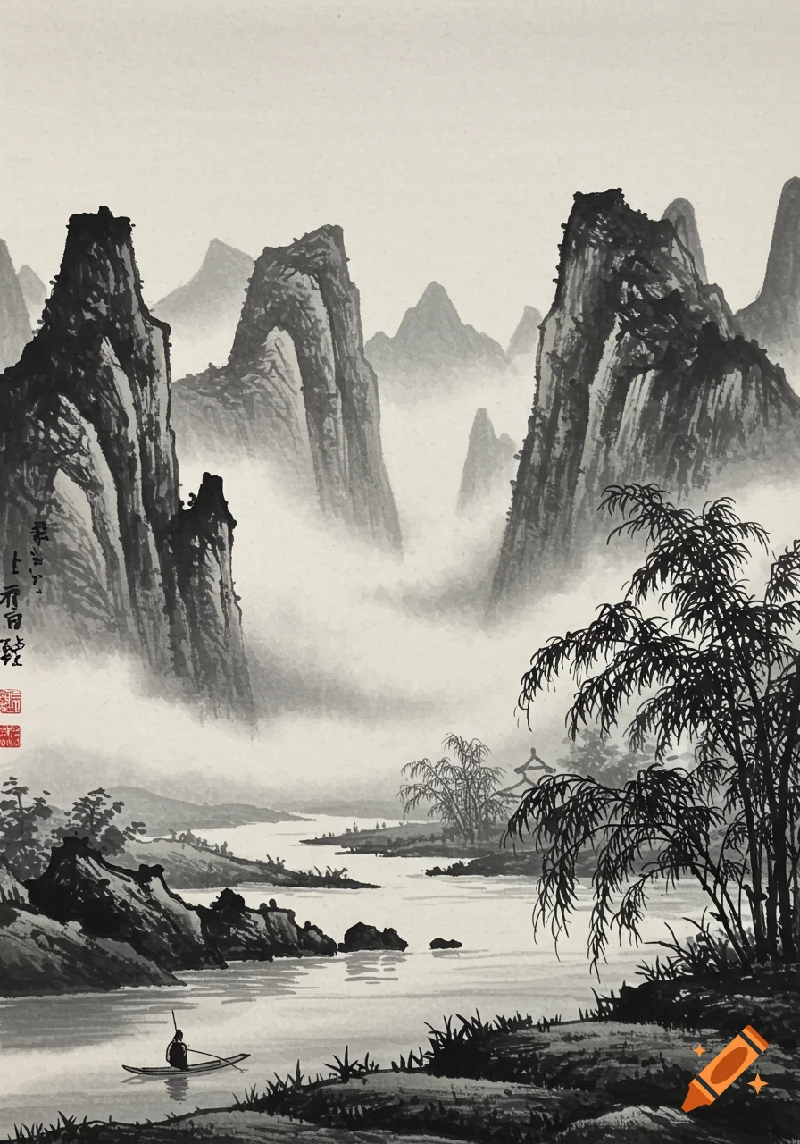 Chinese ink wash painting of misty mountains surrounding a river with a small boat and bamboo on the banks.