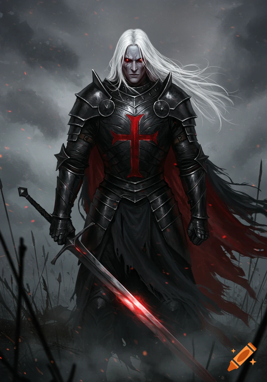 A dark fantasy knight with long white hair, glowing red eyes, and black armor adorned with a red cross, standing in a battlefield with a glowing sword.