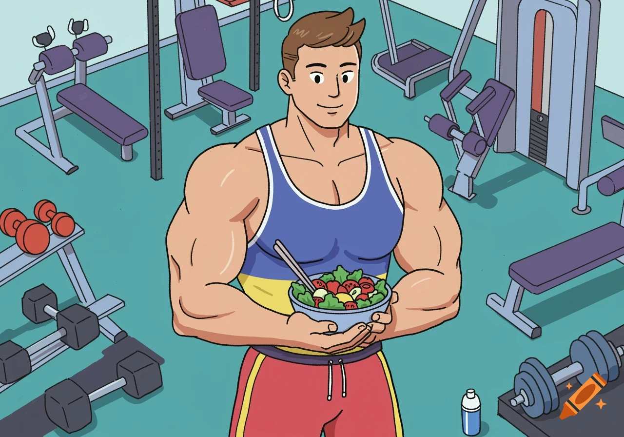 Cartoon illustration of a muscular man in a gym holding a bowl of salad, surrounded by various gym equipment.