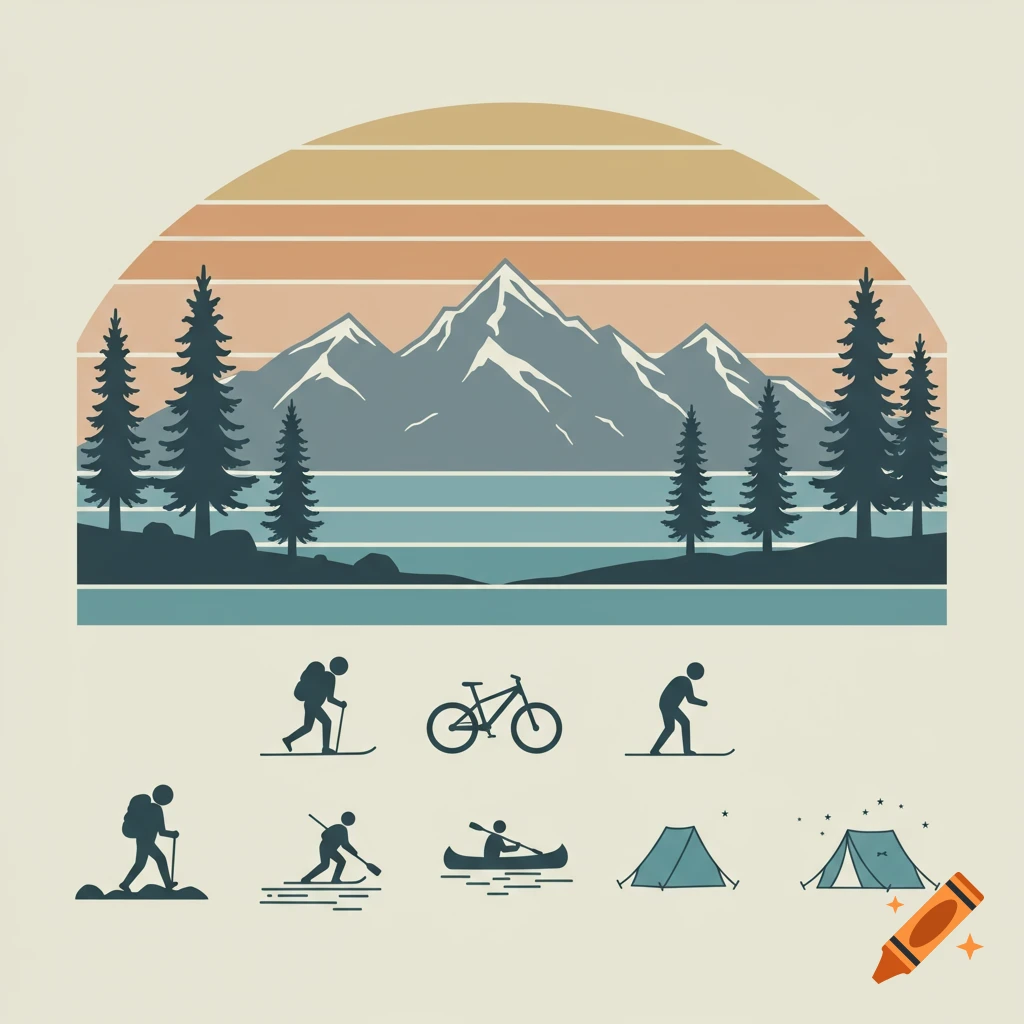 A stylized illustration featuring a mountain and lake landscape with a striped sunset, above icons for hiking, mountain biking, skiing, paddling, and camping.