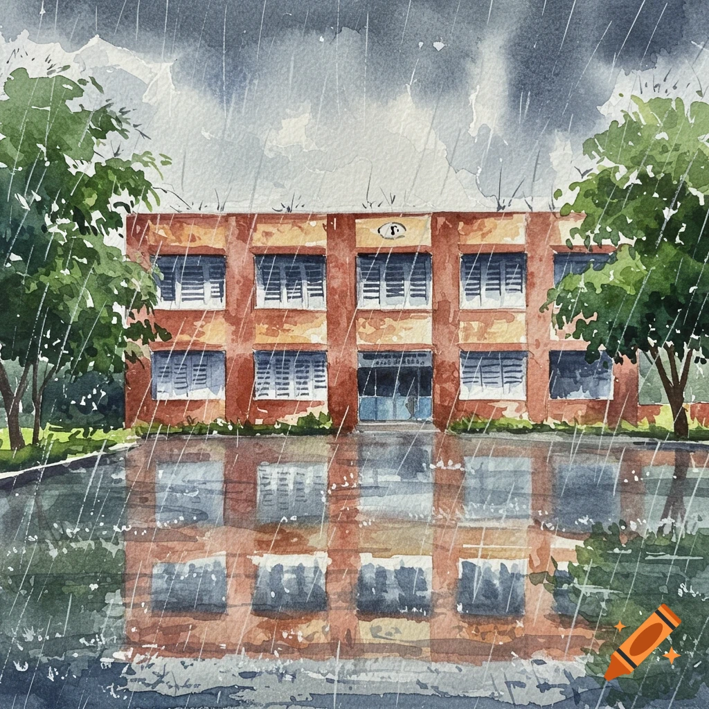 Watercolor painting of a red brick building with trees, drenched in heavy rain, reflecting on wet ground.
