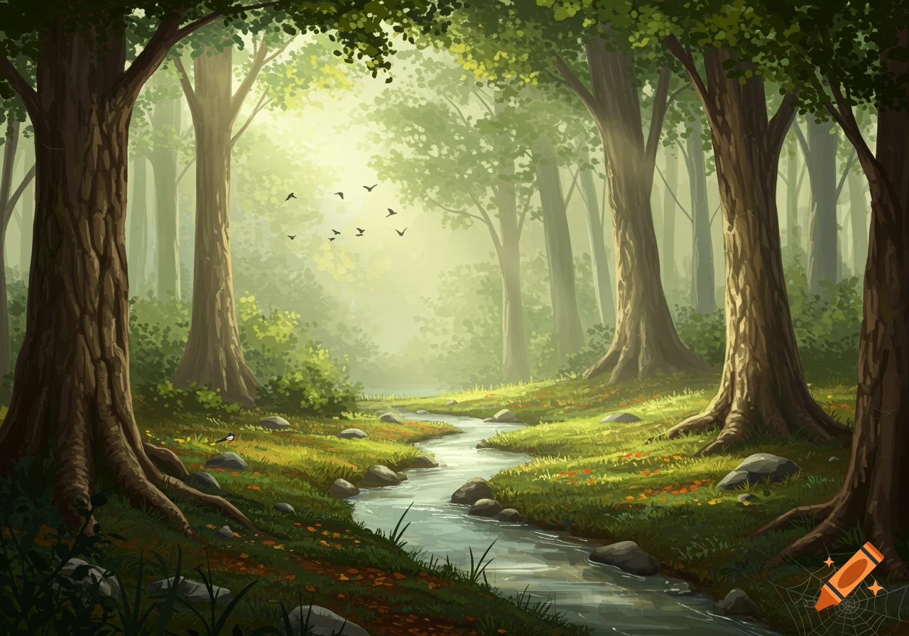 Illustrative painting of a sunlit forest with a stream, green foliage, and birds flying.