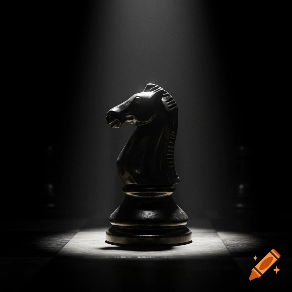 A dark chess knight piece is dramatically lit by a spotlight from above on a chessboard.