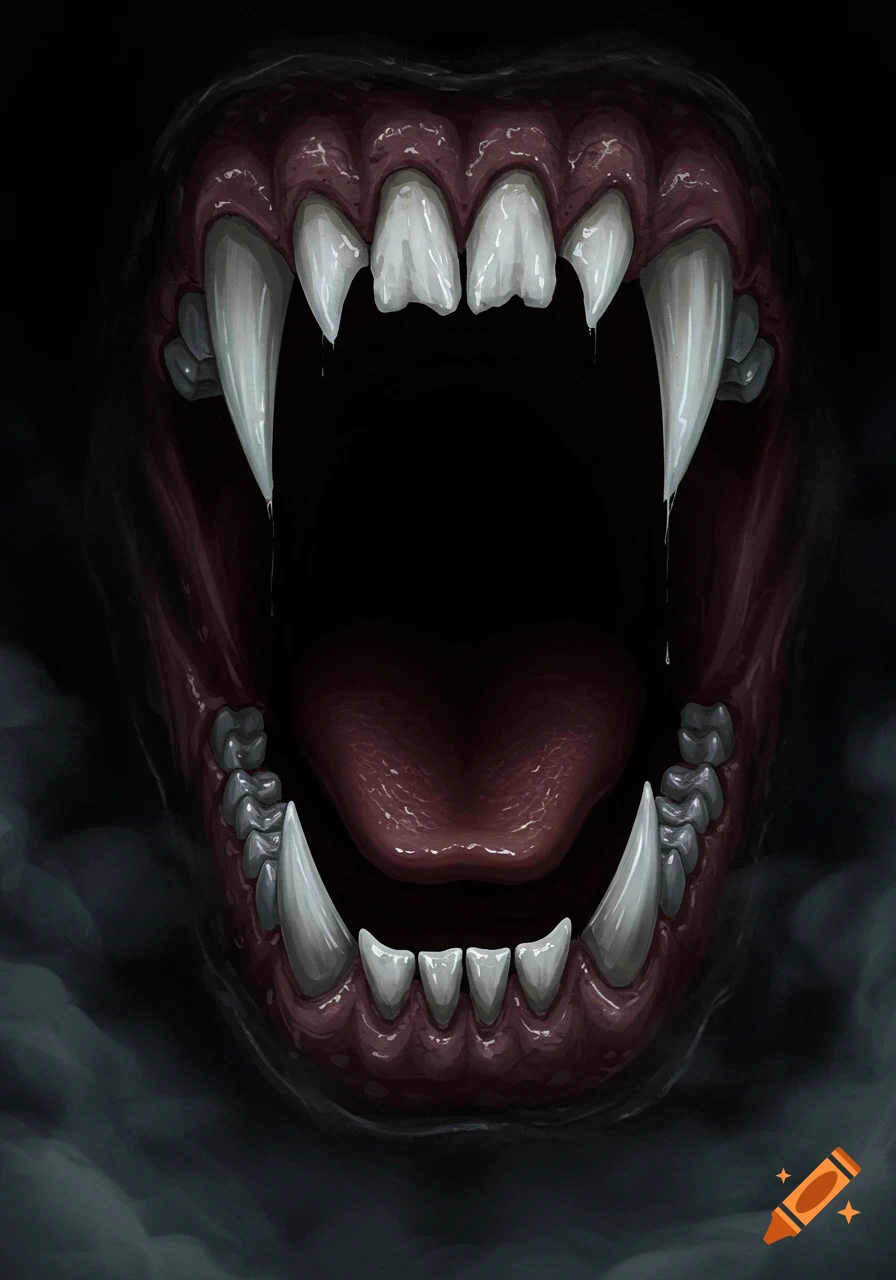 A monstrous open mouth with sharp fangs and rows of teeth, with saliva dripping, against a dark, smoky background. Digital illustration.