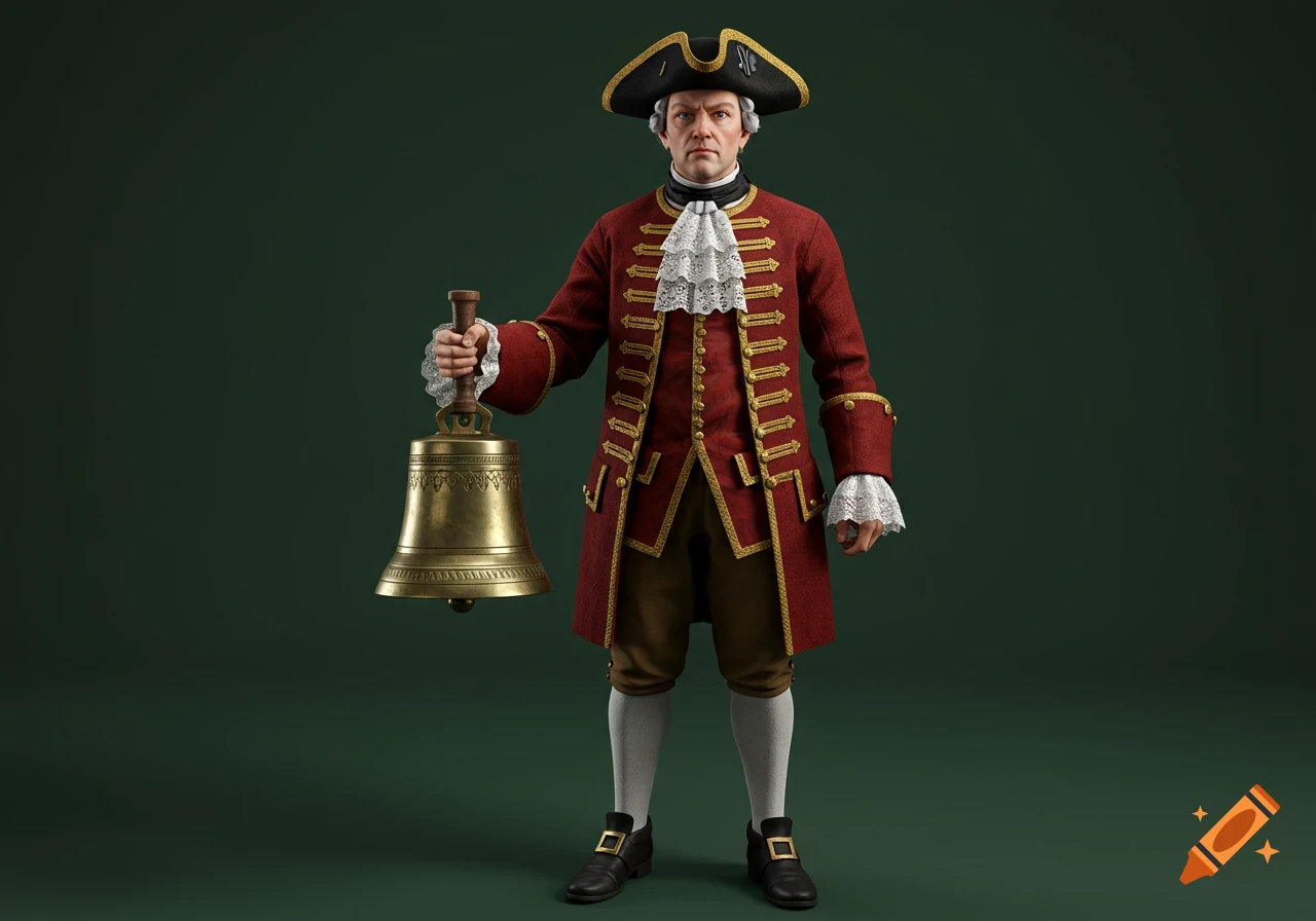 A photorealistic full-body shot of a town crier in traditional red and gold costume, holding a large brass bell, standing against a dark green background.