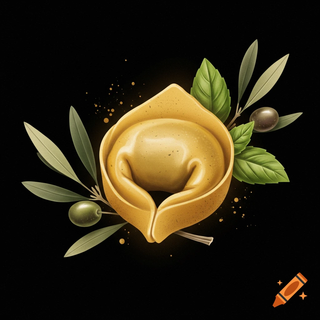 An illustration of a single tortellini pasta with green and black olives, olive branches, and basil leaves on a black background.