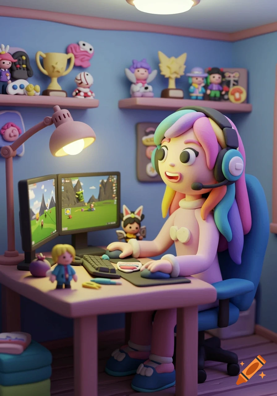 A claymation girl with rainbow hair plays video games on a dual monitor setup in her colorful room, adorned with figurines.
