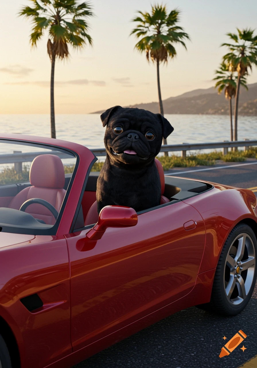 A photorealistic black pug sits in a red convertible on a coastal road at sunset.