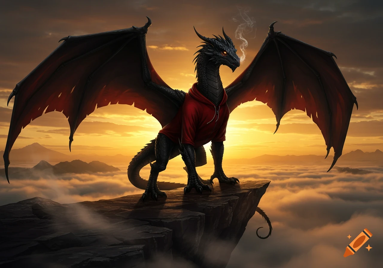 A black dragon in a red hoodie stands on a cliff above clouds at sunset, smoke drifting from its mouth.
