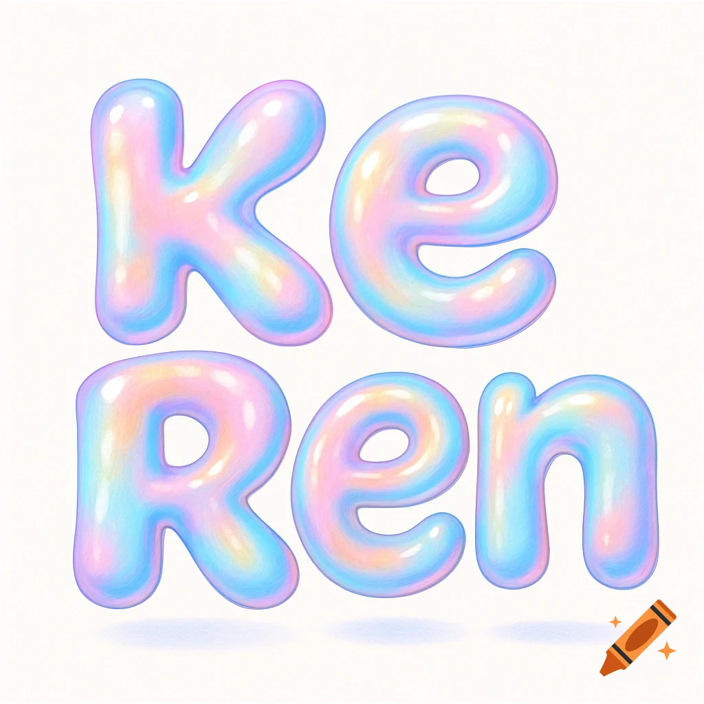 The words 'Ke Ren' rendered in iridescent pastel bubble letters on a white background.