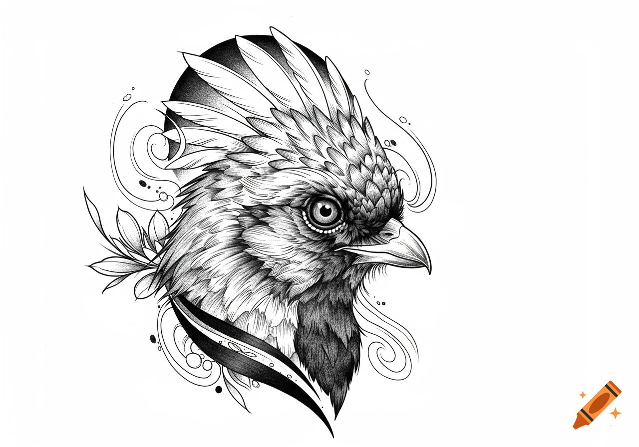 Black and white illustration of a bird's head with a feathered crest, intricate feather details, and decorative swirls, in a tattoo art style.