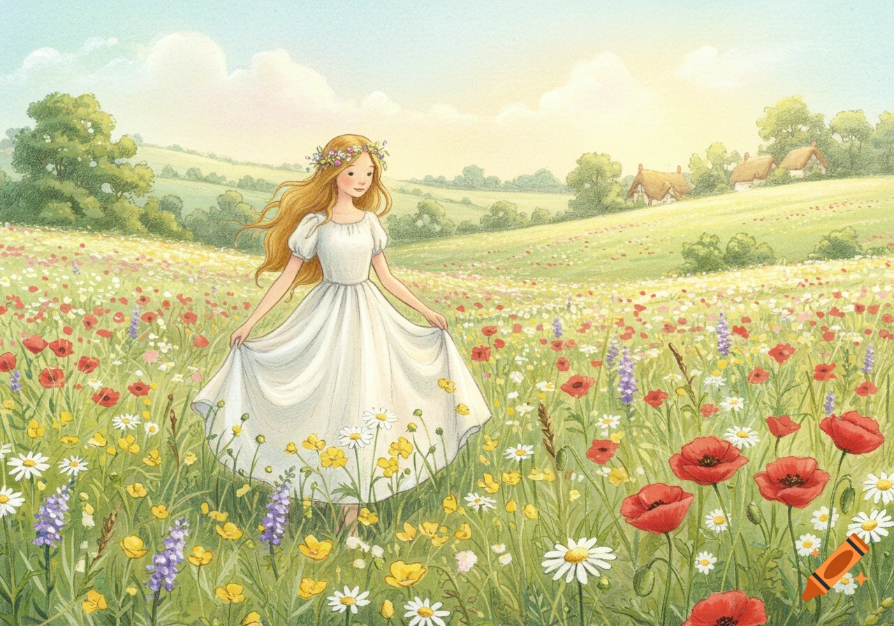 A dreamy storybook illustration of a girl in a white dress walking through a vibrant meadow filled with colorful wildflowers under a bright sky, with distant cottages.