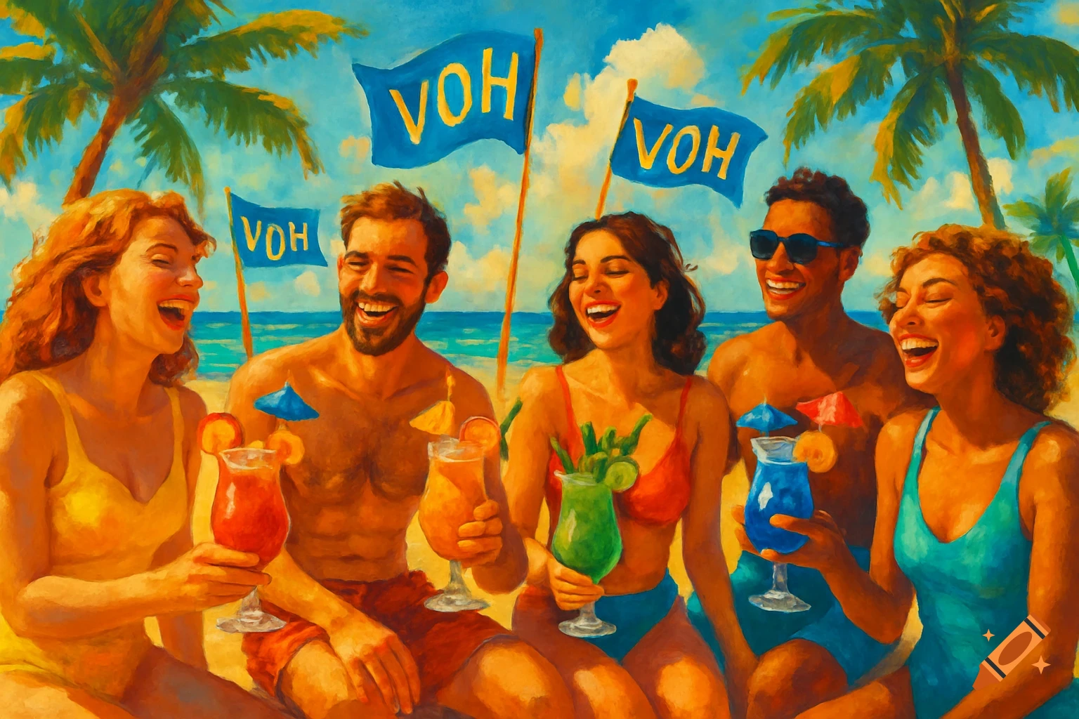 A group of friends laughing and holding cocktails on a sunny beach with palm trees and VOH flags, in a painterly style.