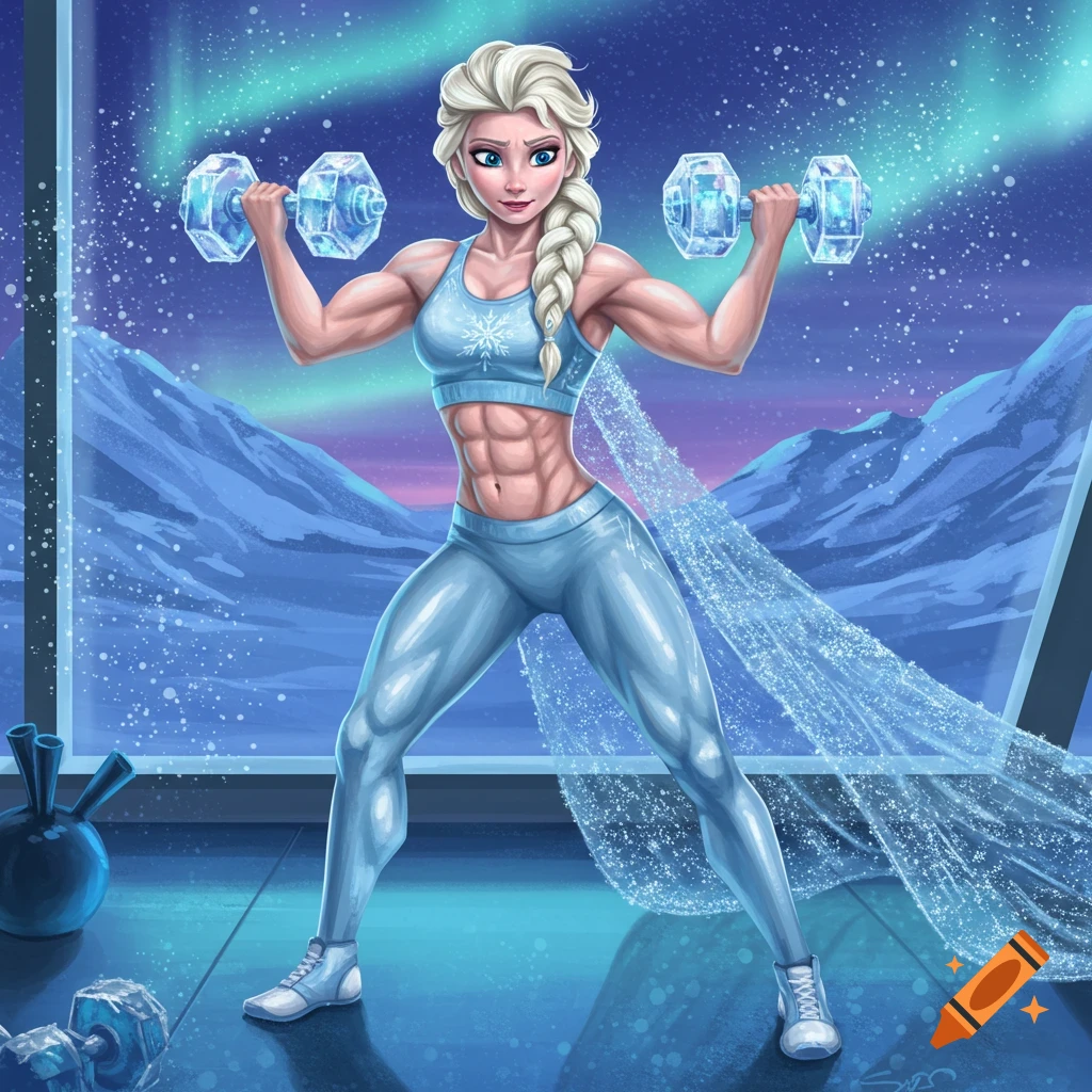 Muscular Elsa from Frozen lifts ice-like dumbbells in a gym with a snowy mountain and aurora borealis view.