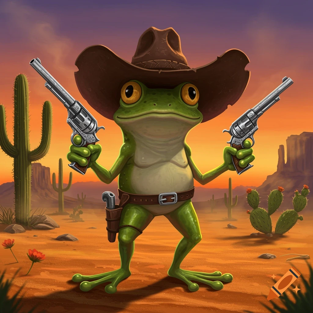 A cartoon frog wearing a cowboy hat holds two pistols in a desert at sunset.