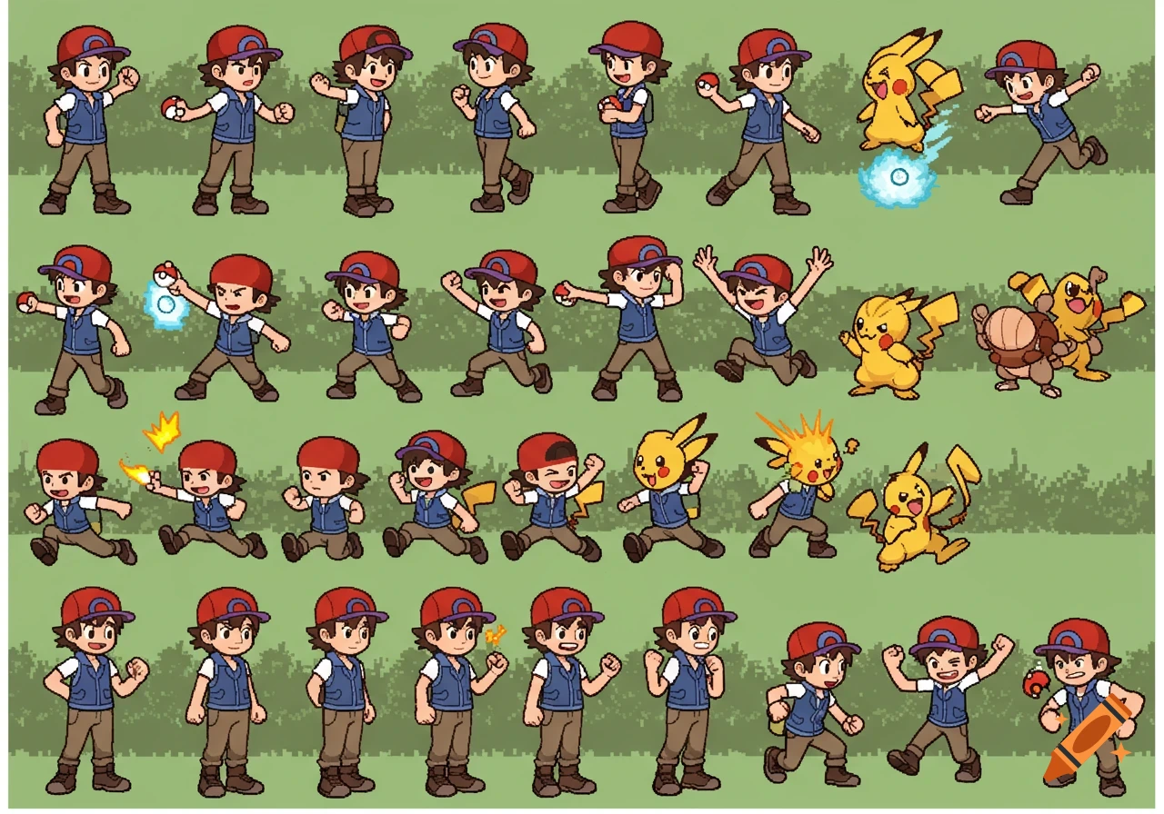 A pixel art sprite sheet depicting a young Pokémon trainer and various Pokémon, including Pikachu, in different action poses on a green background.